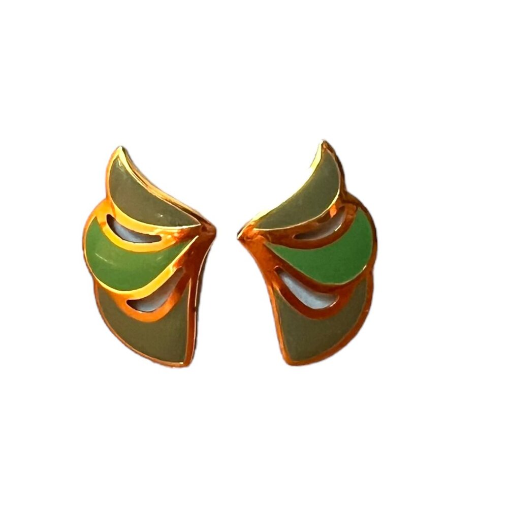 Vintage 80s Gold Tone Green Earrings